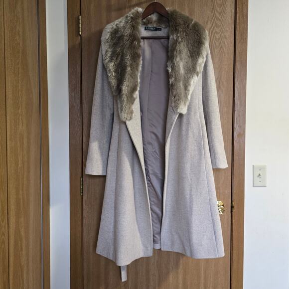 Lauren Ralph Lauren Wool Blend Faux Fur Collar A-Line Belted Coat - Picture 10 of 15